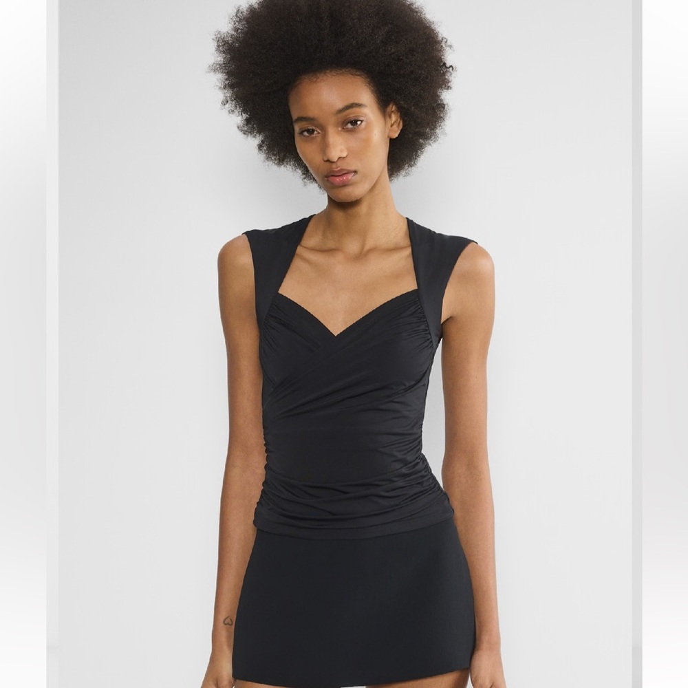 Aritzia Black Ruched Cap-Sleeve Wrap Tank